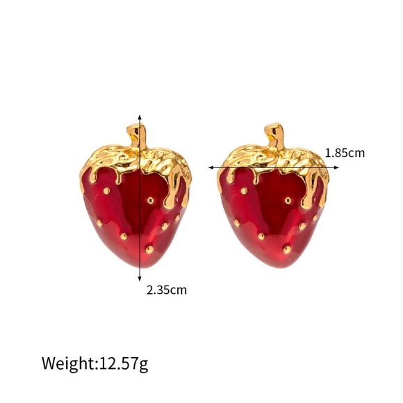 ◾️18k Gold Plated Enameled Glaze Strawberry Dangle Earrings - Picture 7 of 8